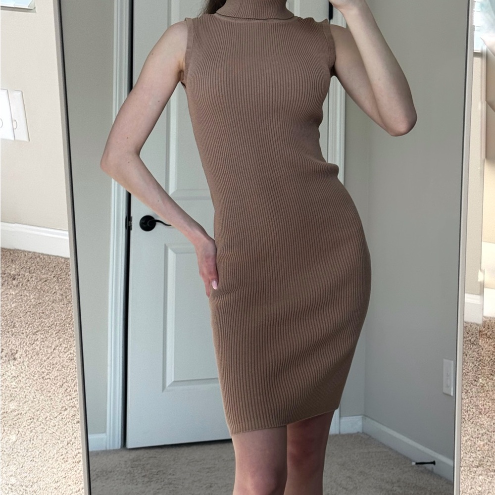 Tan Sleeveless Turtleneck Dress